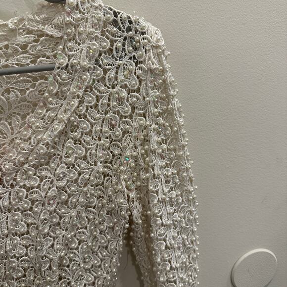 VTG Ivory Beaded Lace Cardigan Pearl & Sequin Embellished Party Bridal NYE Glam - Picture 3 of 11